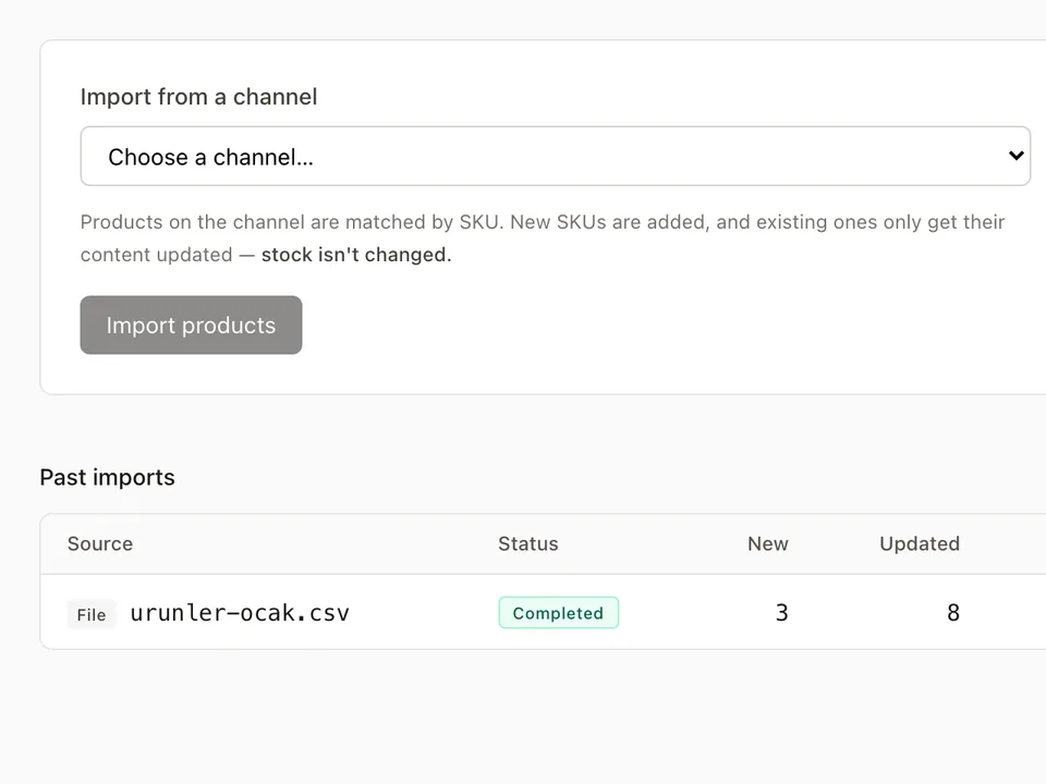 Panel import screen: CSV upload and the new, updated and failed counts of a past import