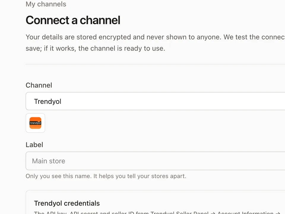 Panel screen for connecting a channel: channel picker and credentials form