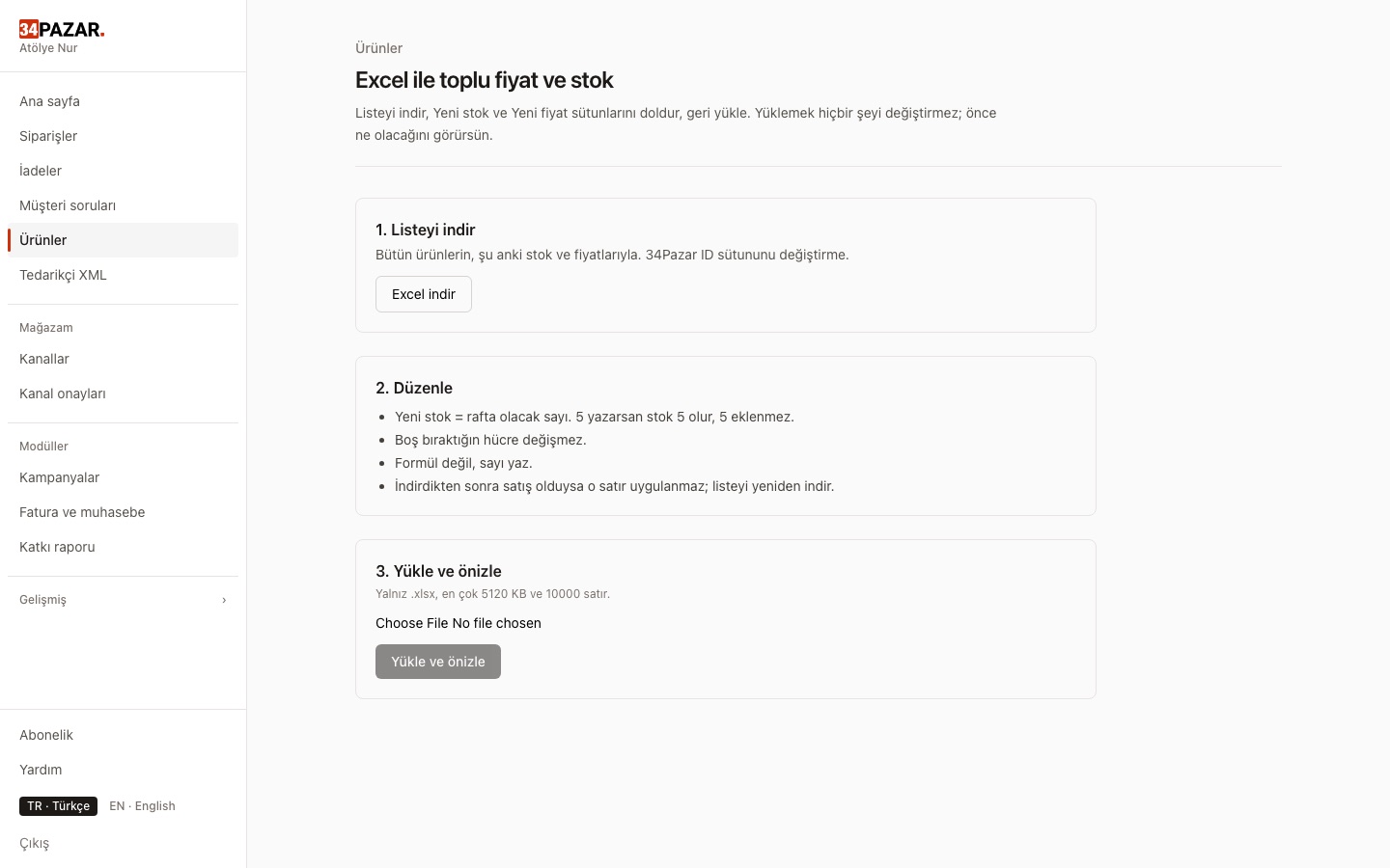 34Pazar panel: Bulk edit with Excel