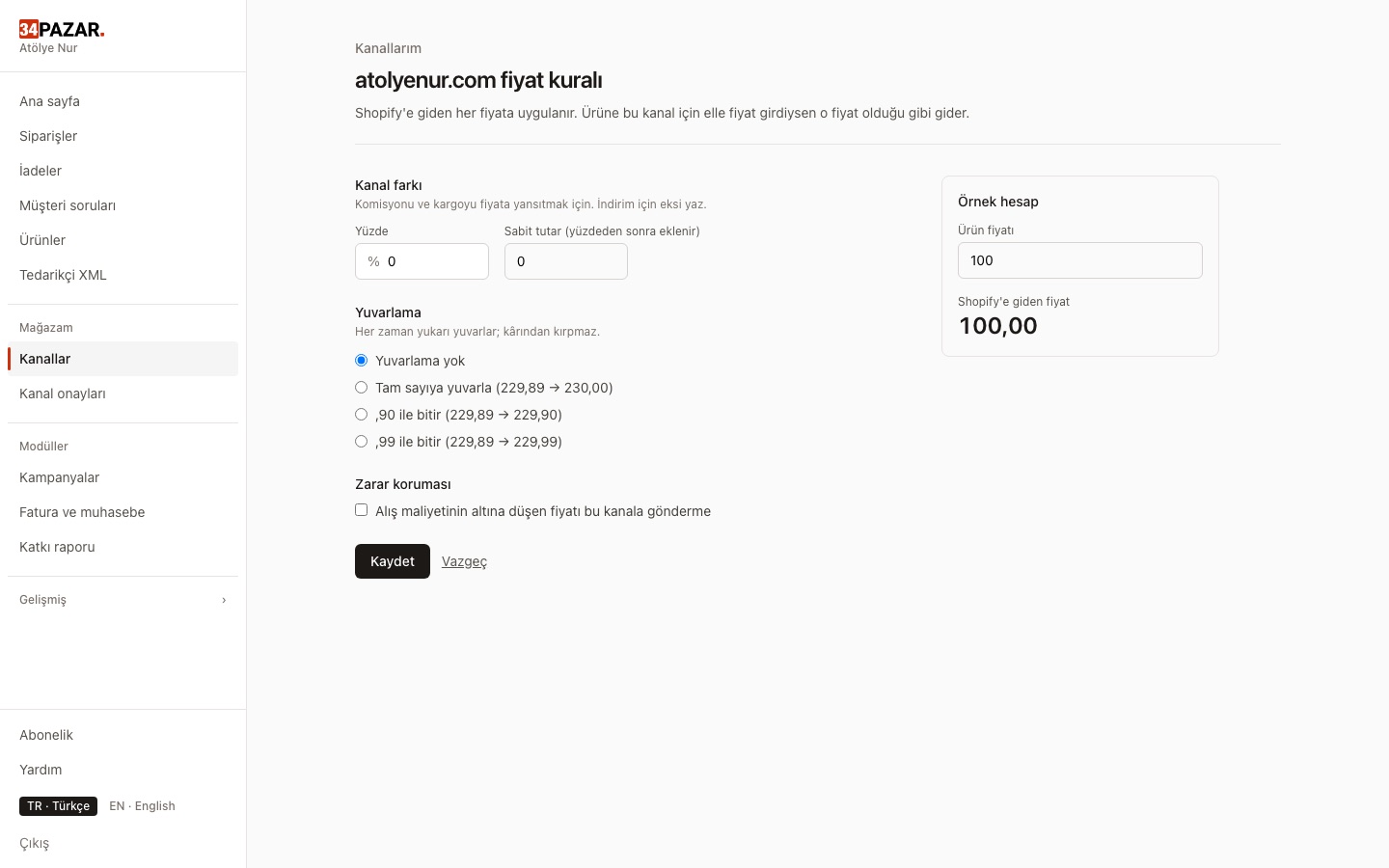 34Pazar panel: Pricing rules and campaigns