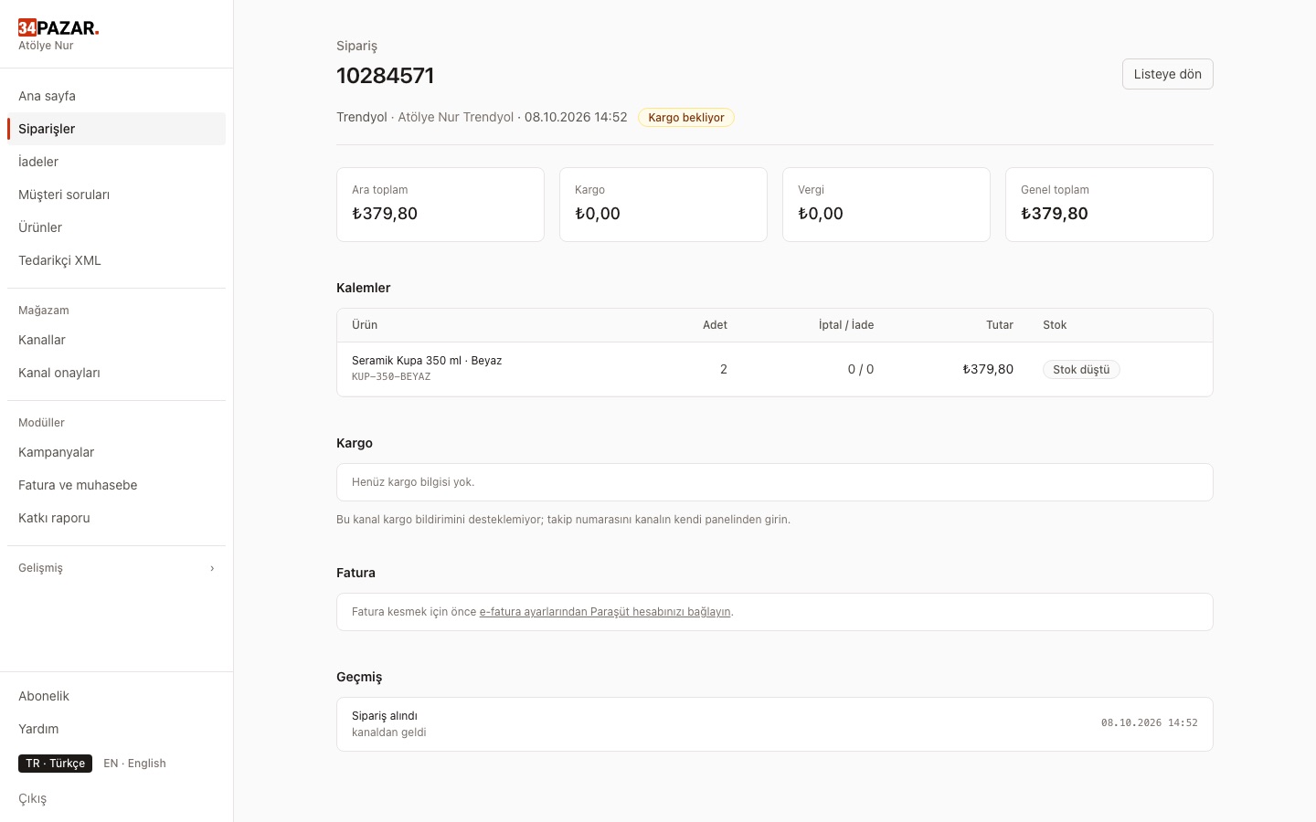 34Pazar panel: Shipment tracking