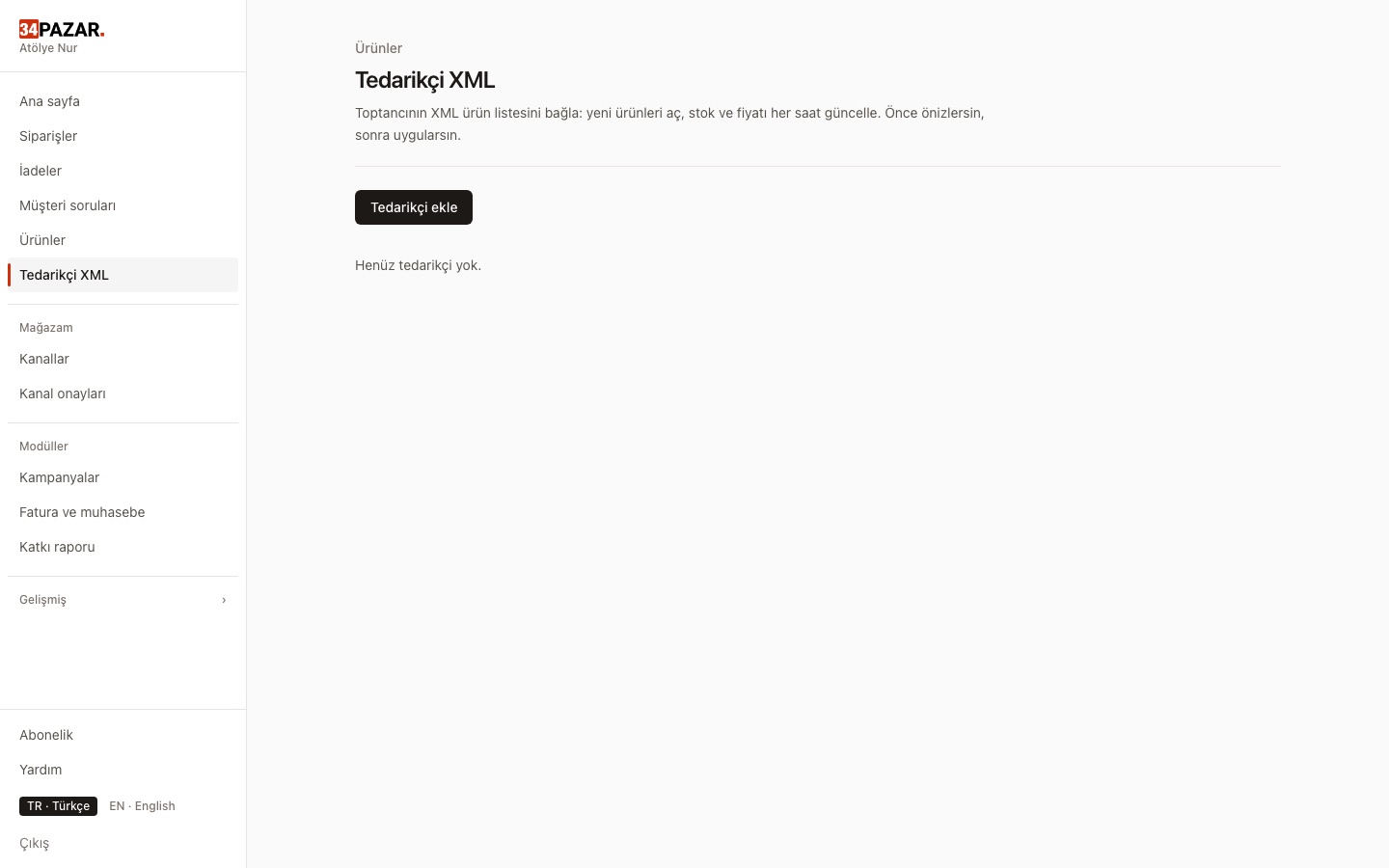 34Pazar panel: Supplier XML